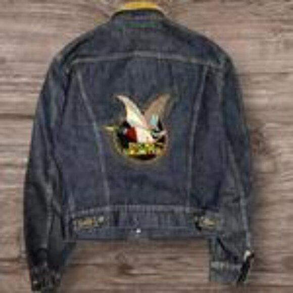 1970s Lee Ducks Unlimited Denim Jacket with Embroidered Patches Yellow Collar Ma - Picture 2 of 8